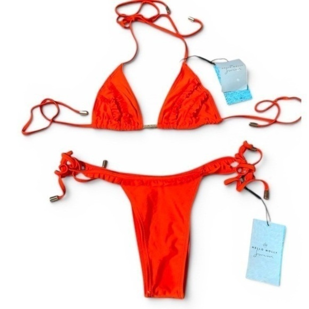 Hello Molly Bikini‎ Set Womens Orange Ruffle Triangle Top S Side Tie Bottoms M